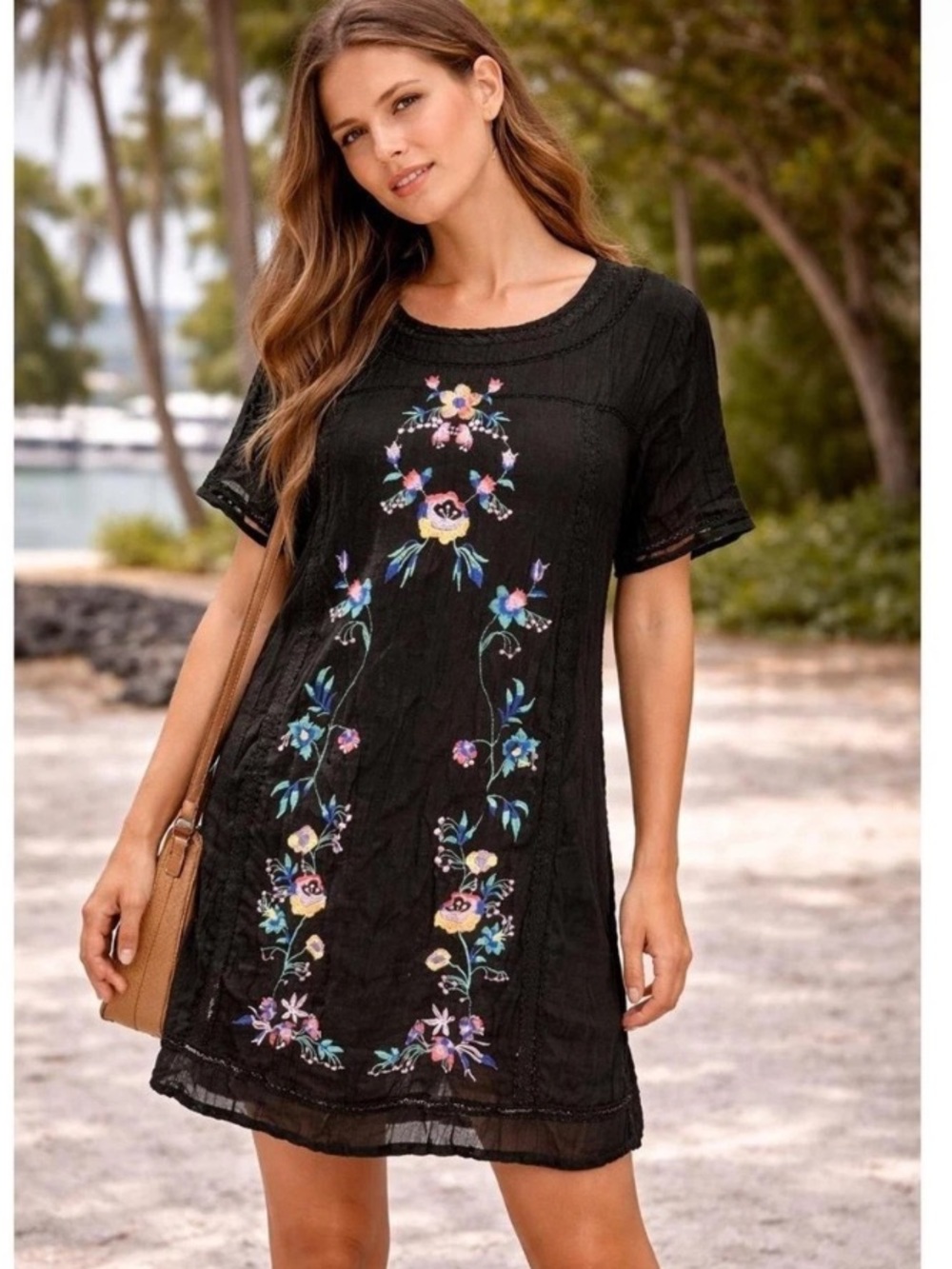 Umgee black bohemian-style mini dress with colorful embroidery